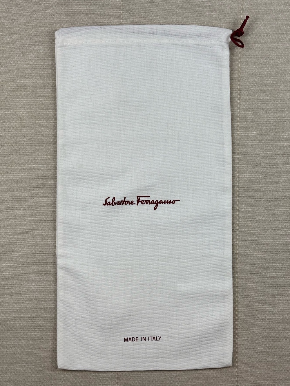 Salvatore Ferragamo White Dust Bag with Burgundy Logo and Drawstring